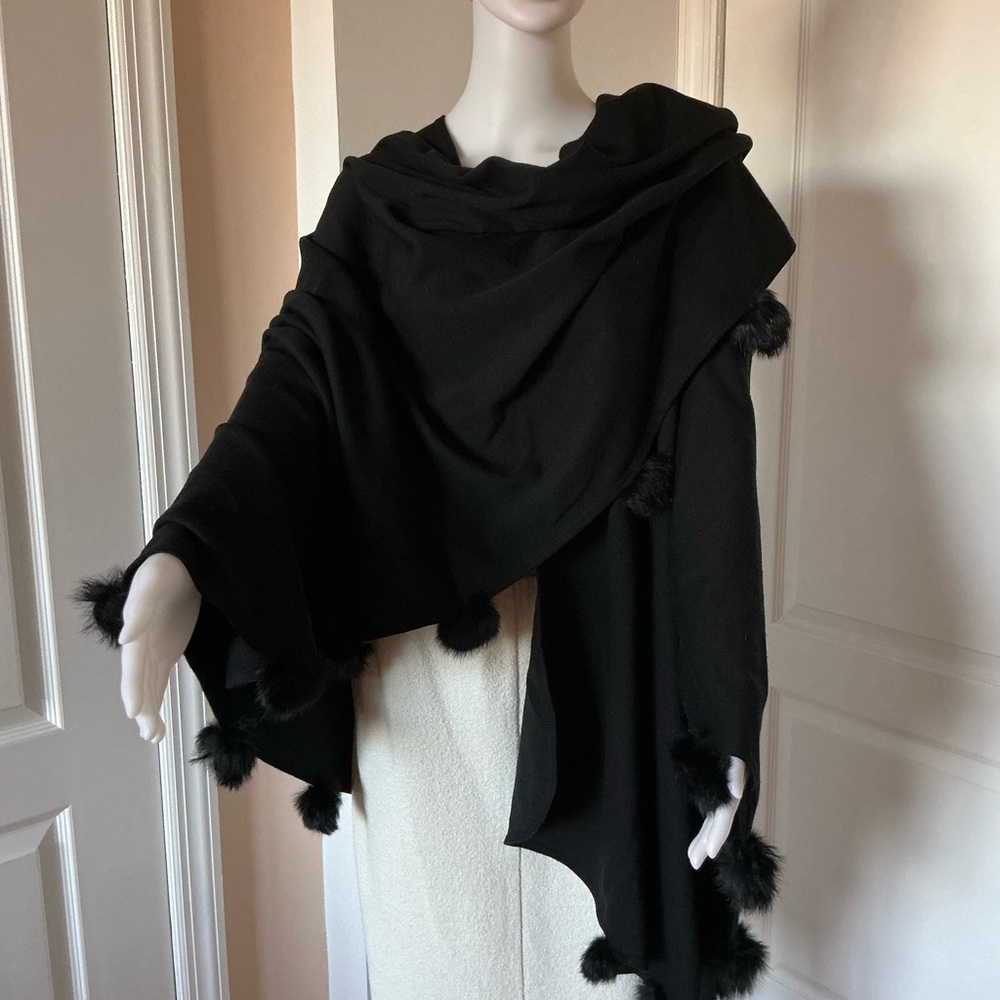 Nina Leonard Black Wrap with Pom-Pom Details